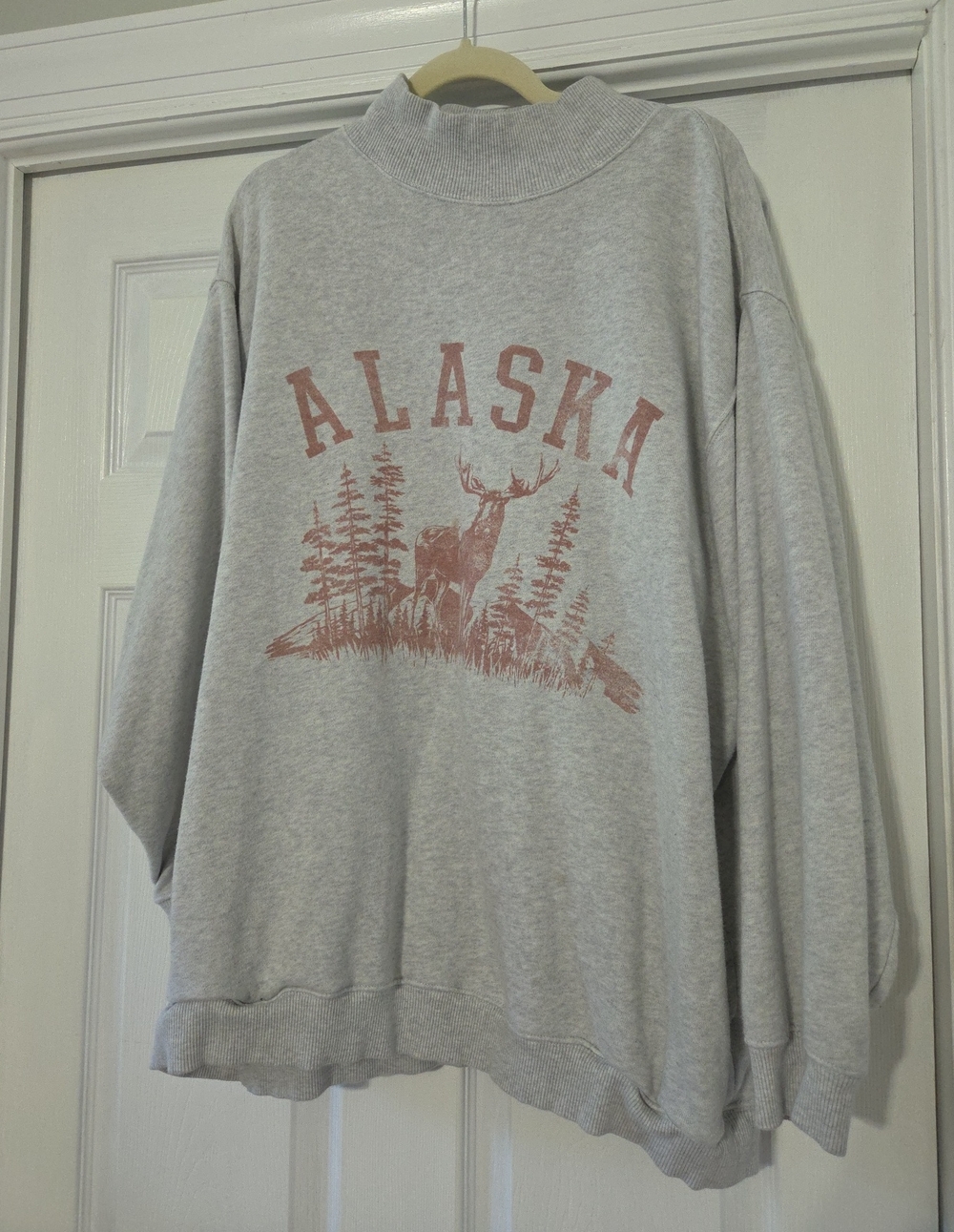 aerie Light Gray Crewneck Sweater with Rust Graphic 'Alaska'